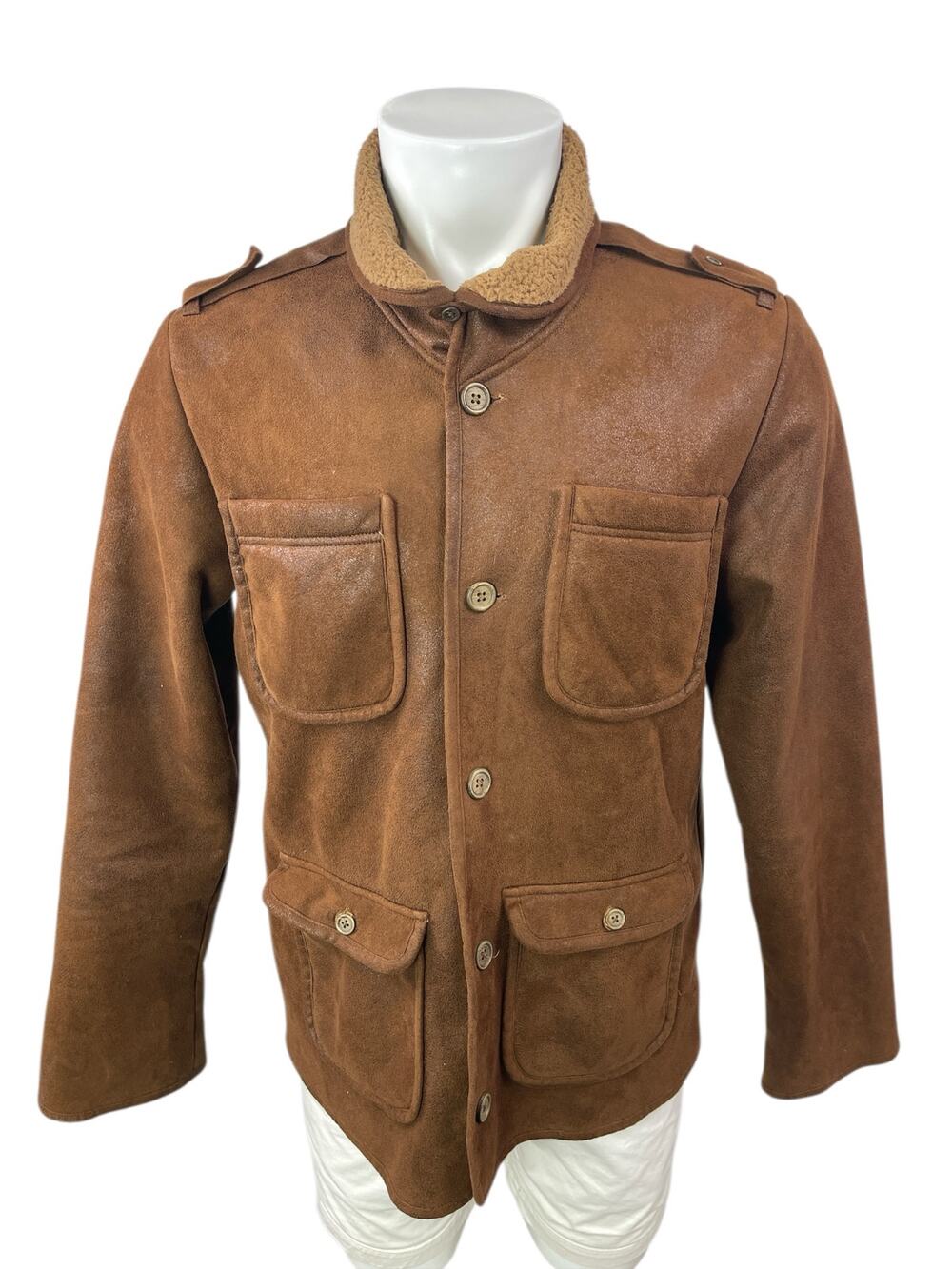 Koto Brown Suede Leather Button Long Sleeve Safari Field Utility Coat Jacket L